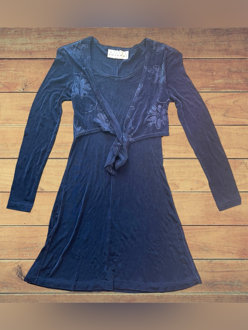 Vintage 90s Grunge Floral Navy Dress Knee Length Long Sleeve Acetate Lycra